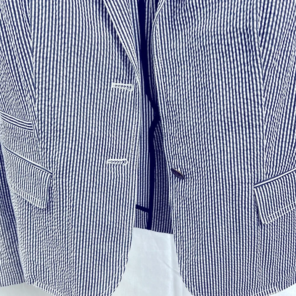 J. Crew Navy & White Striped Seersucker Blazer